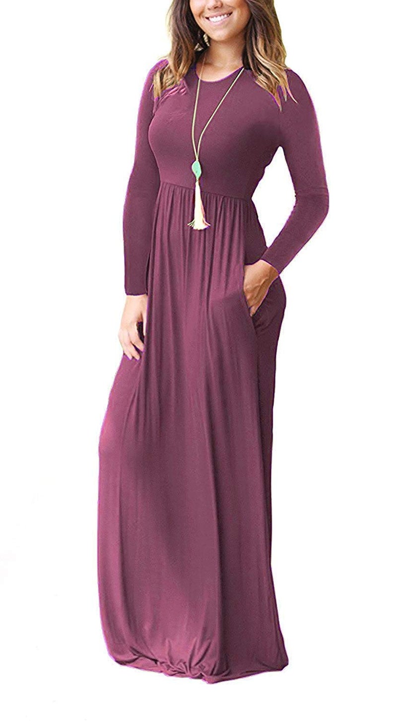 AUSELILY Women's Long Sleeve Dress Loose Plain Long Casual Maxi Dresses with Pockets 2026 New Mauve2 M - Image 2